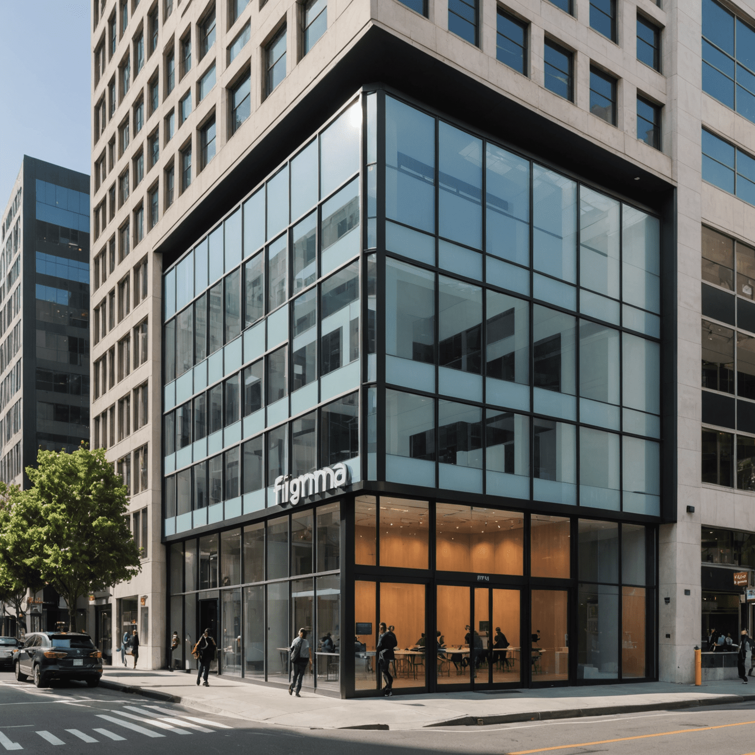 Exterior view of Figma's expanded headquarters at 2200 Mission Street, San Francisco. A modern glass building with the Figma logo prominently displayed.