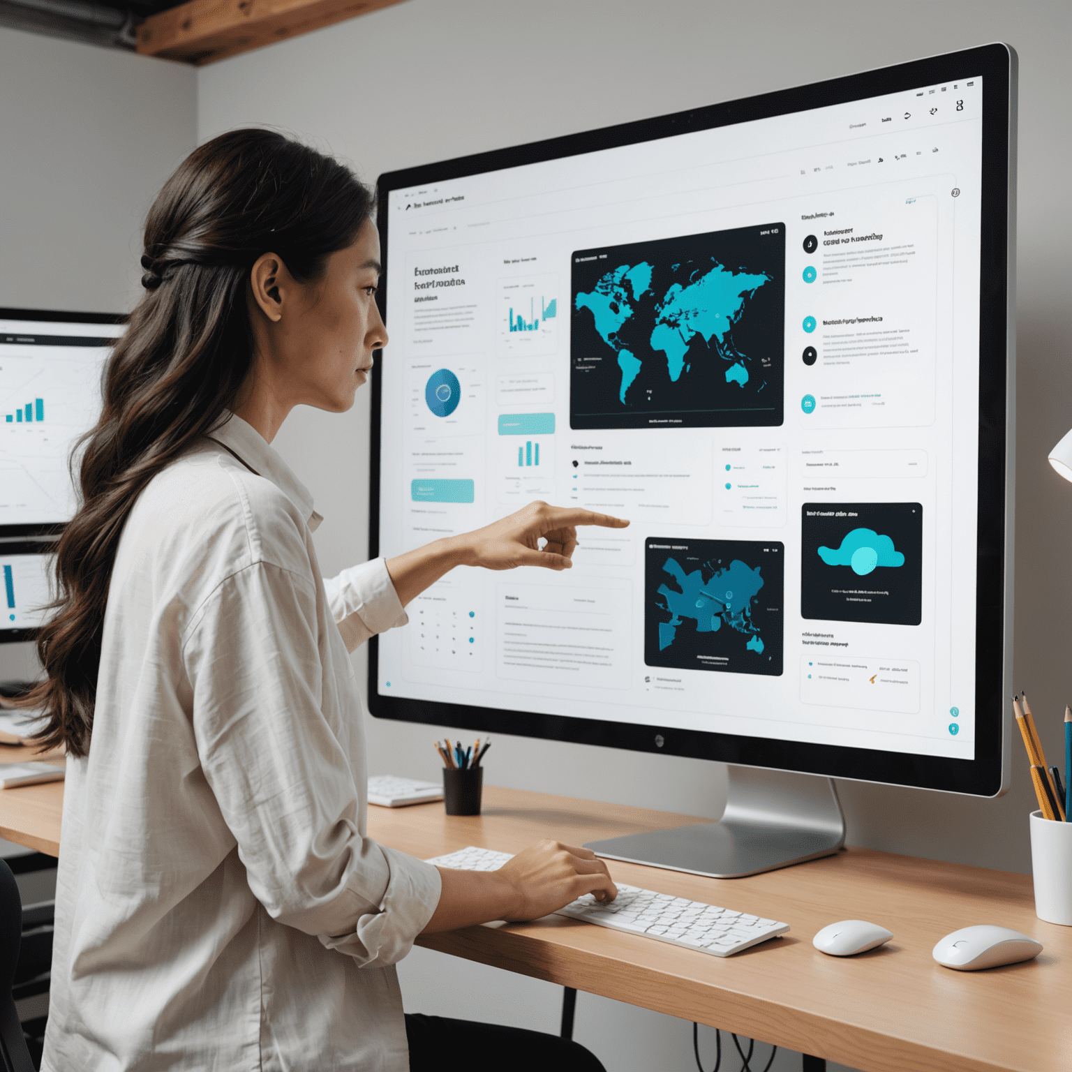 A designer creating an interactive prototype on a large screen, showcasing various screens and connections between them. The interface resembles Figma's prototyping mode with a clean, minimal design and intuitive connection arrows between artboards.