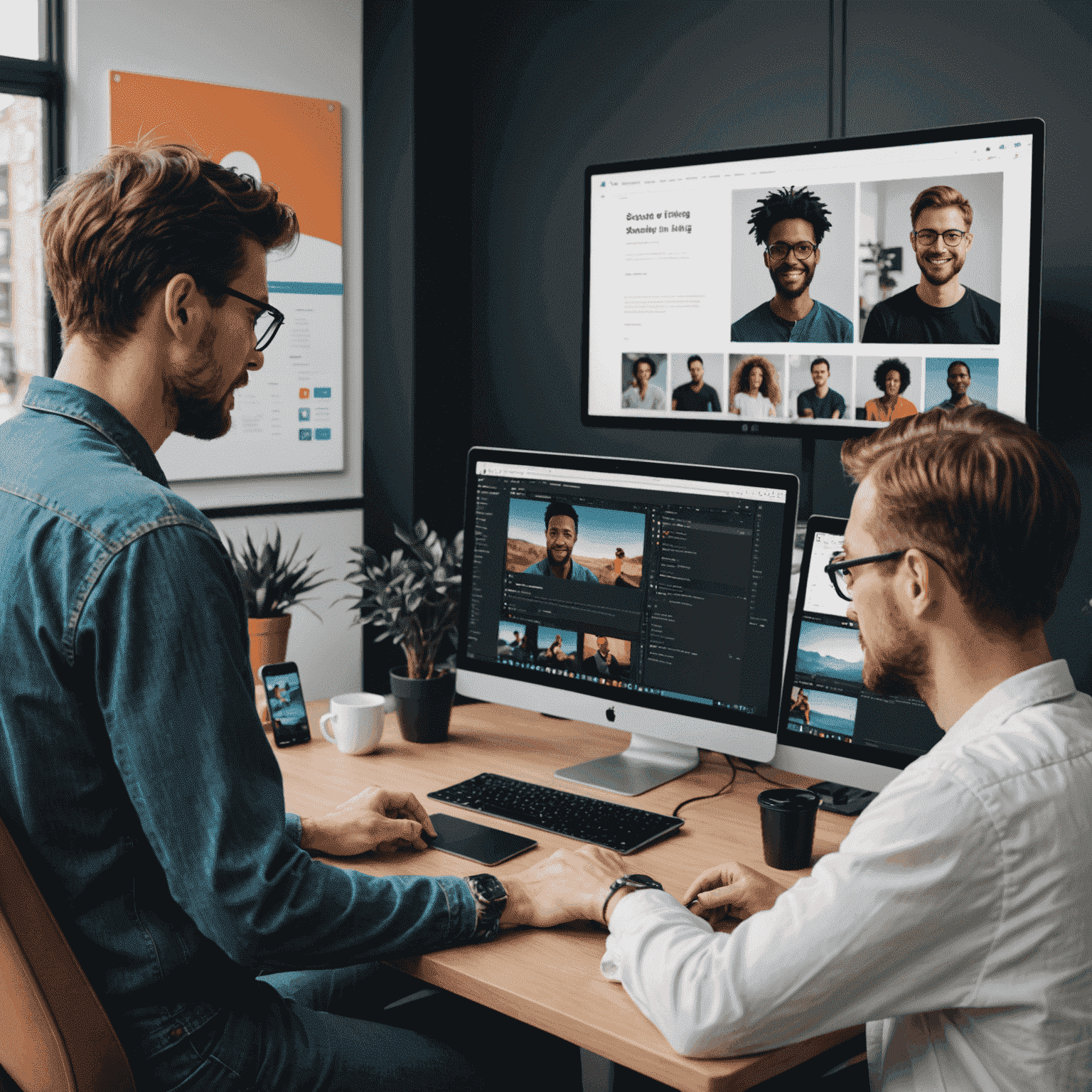 A group of designers collaborating on a Figma project, showcasing real-time editing and commenting features on a large screen