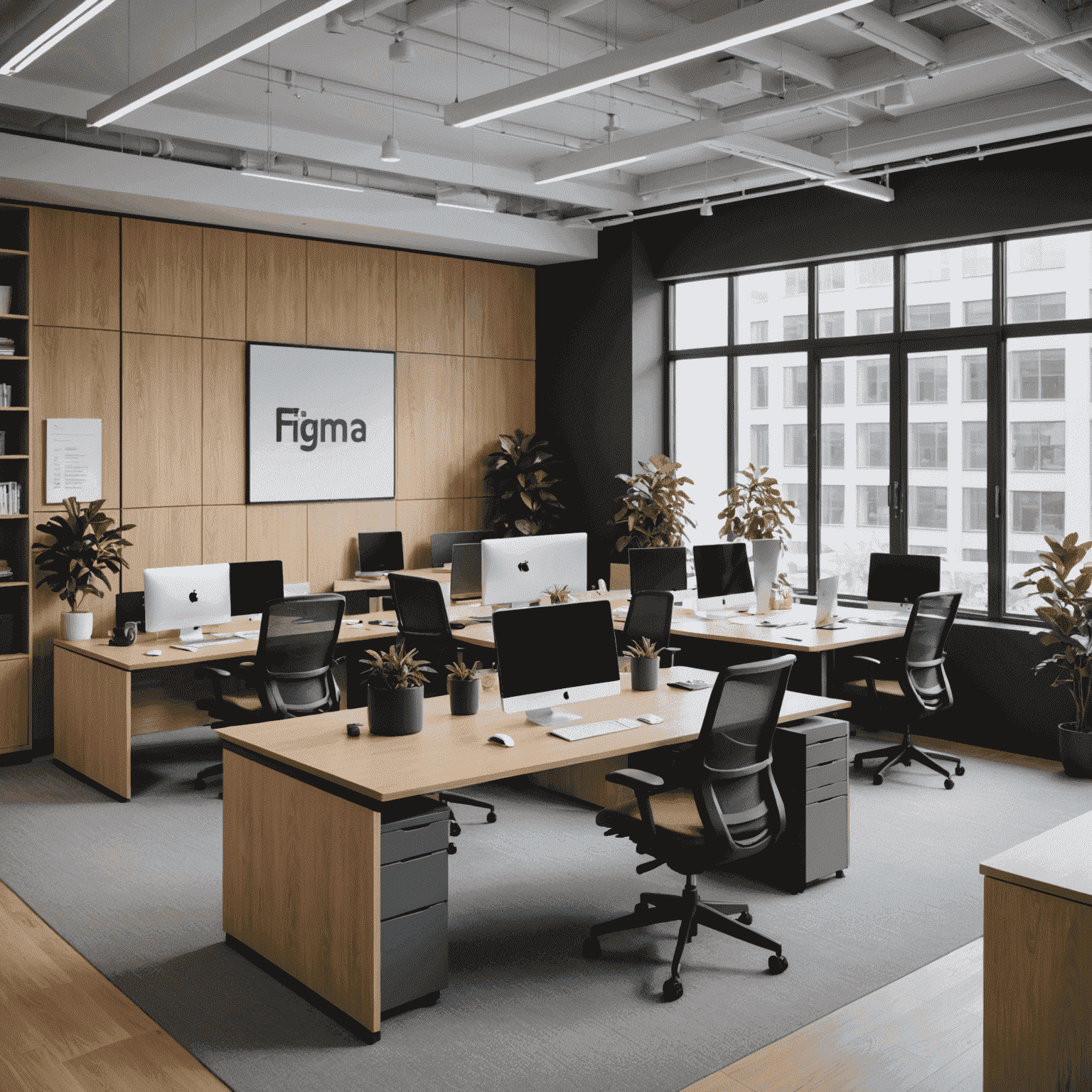 Interior of Figma's new office space showing an open-plan design with collaborative workstations, modern meeting rooms, and creative breakout areas.