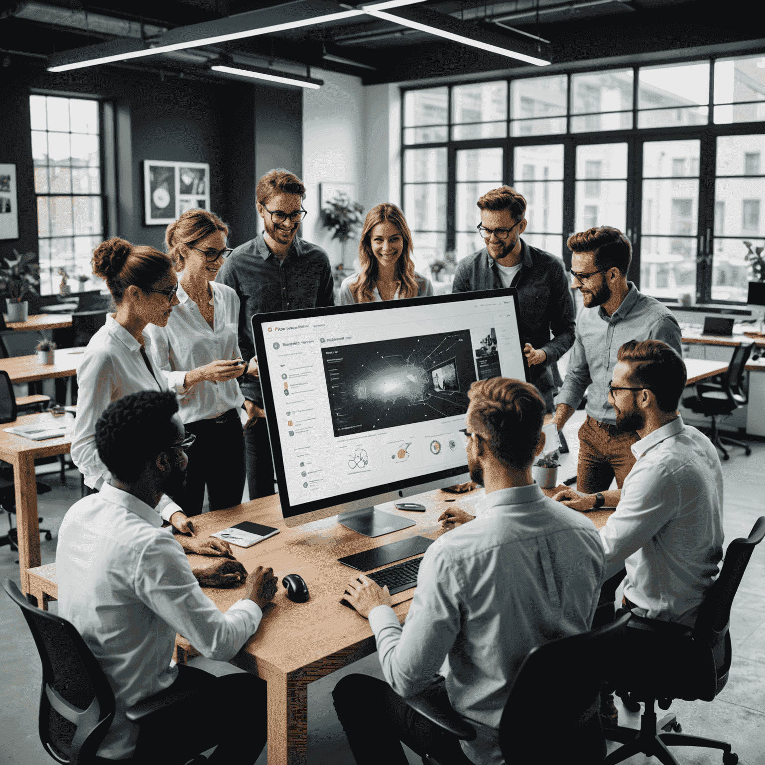 A team of designers collaborating on a large touchscreen display, showcasing various components of a design system. The image depicts a diverse group working together in a modern, open office space, highlighting the collaborative nature of design system development.