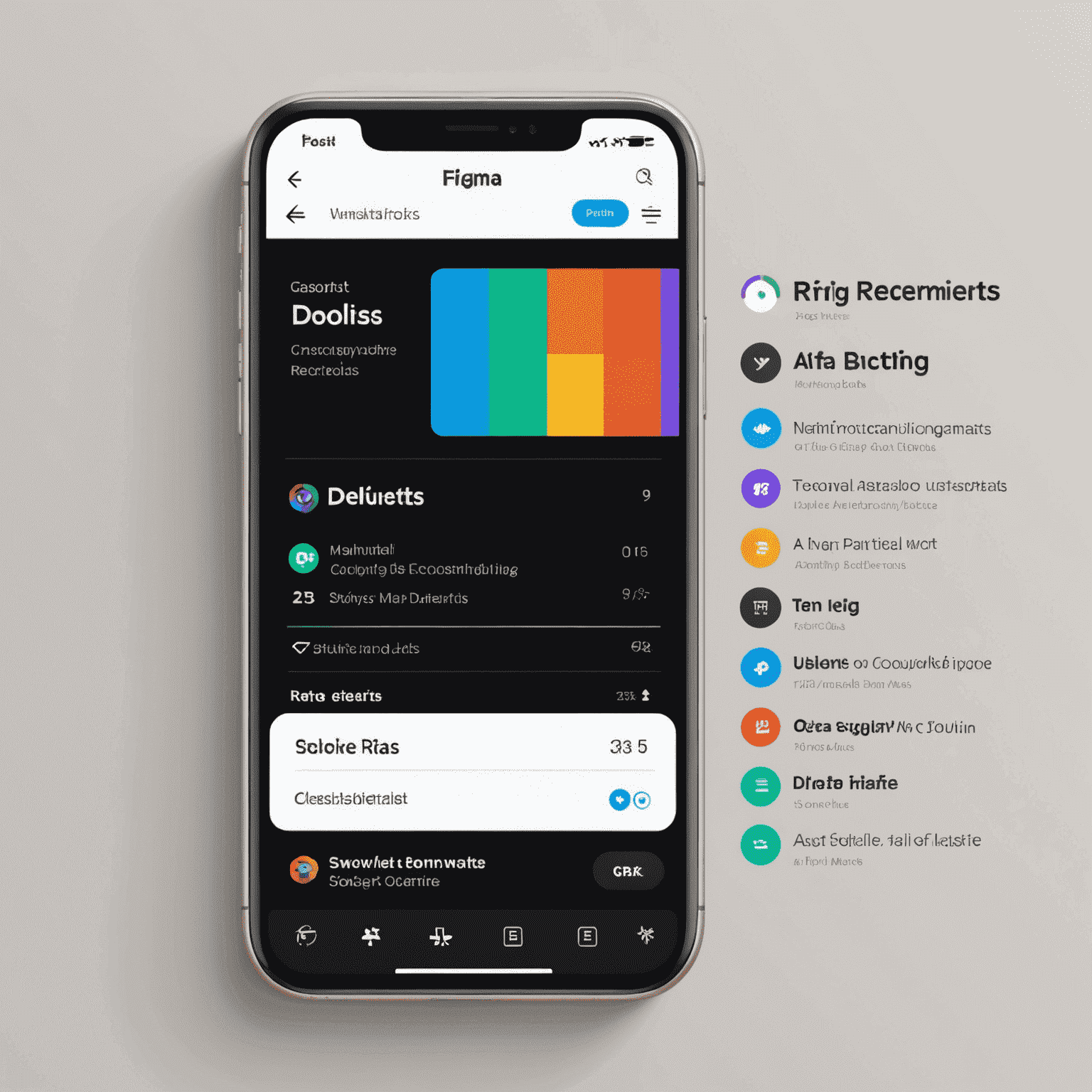 A Figma plugin interface for accessibility checking, showing a list of design elements with color contrast ratios, text size recommendations, and other accessibility metrics.